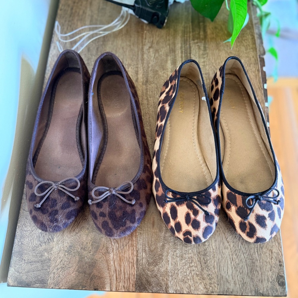 Old Navy Ballet Flats Womens 8 Brown Leopard Print Bundle 2 Pairs Bow Accents - Picture 7 of 15